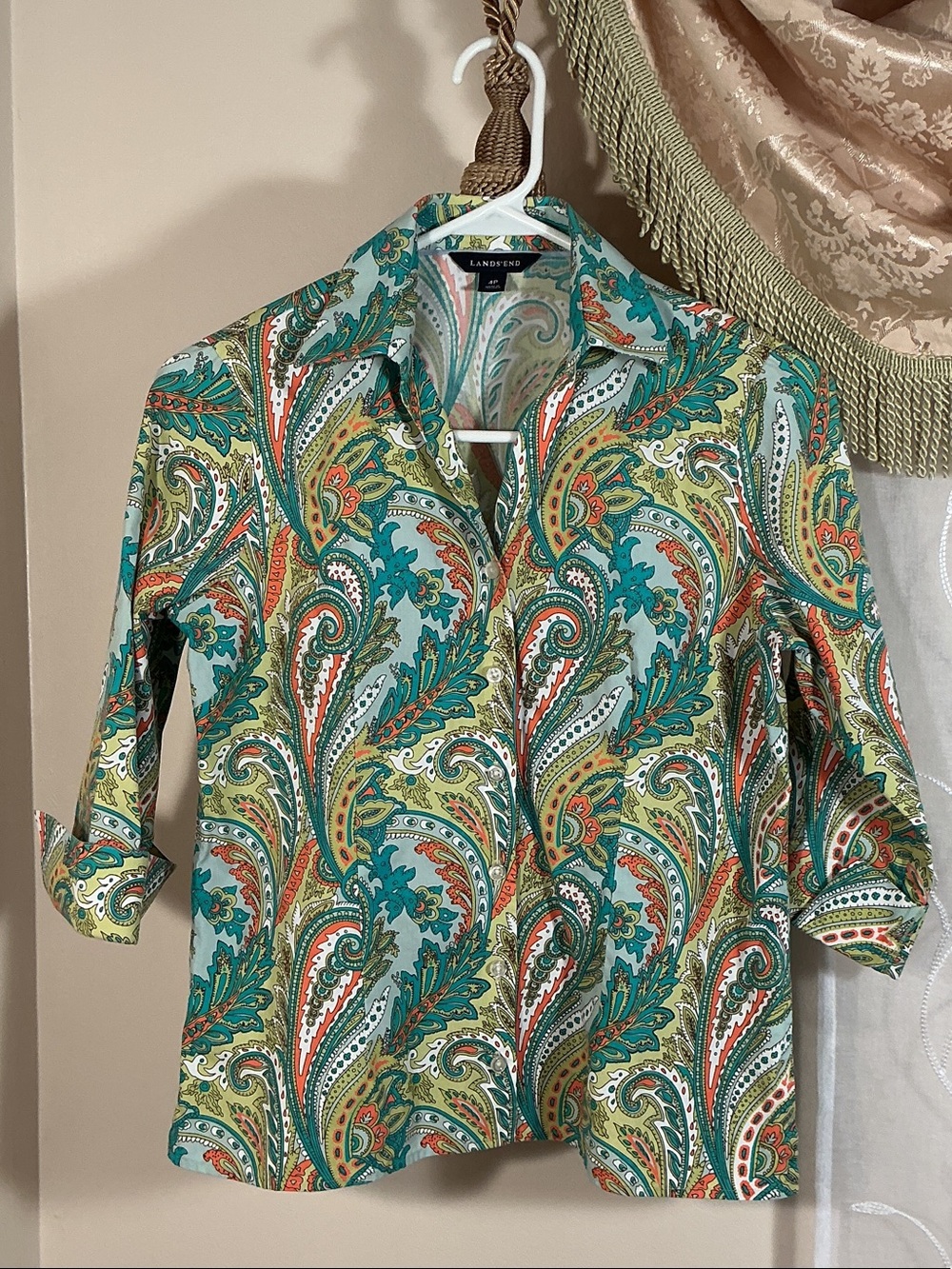 Land’s End Women’s Button Down Shirt Cotton Paisley Print Sz 4P 3/4 sleeves